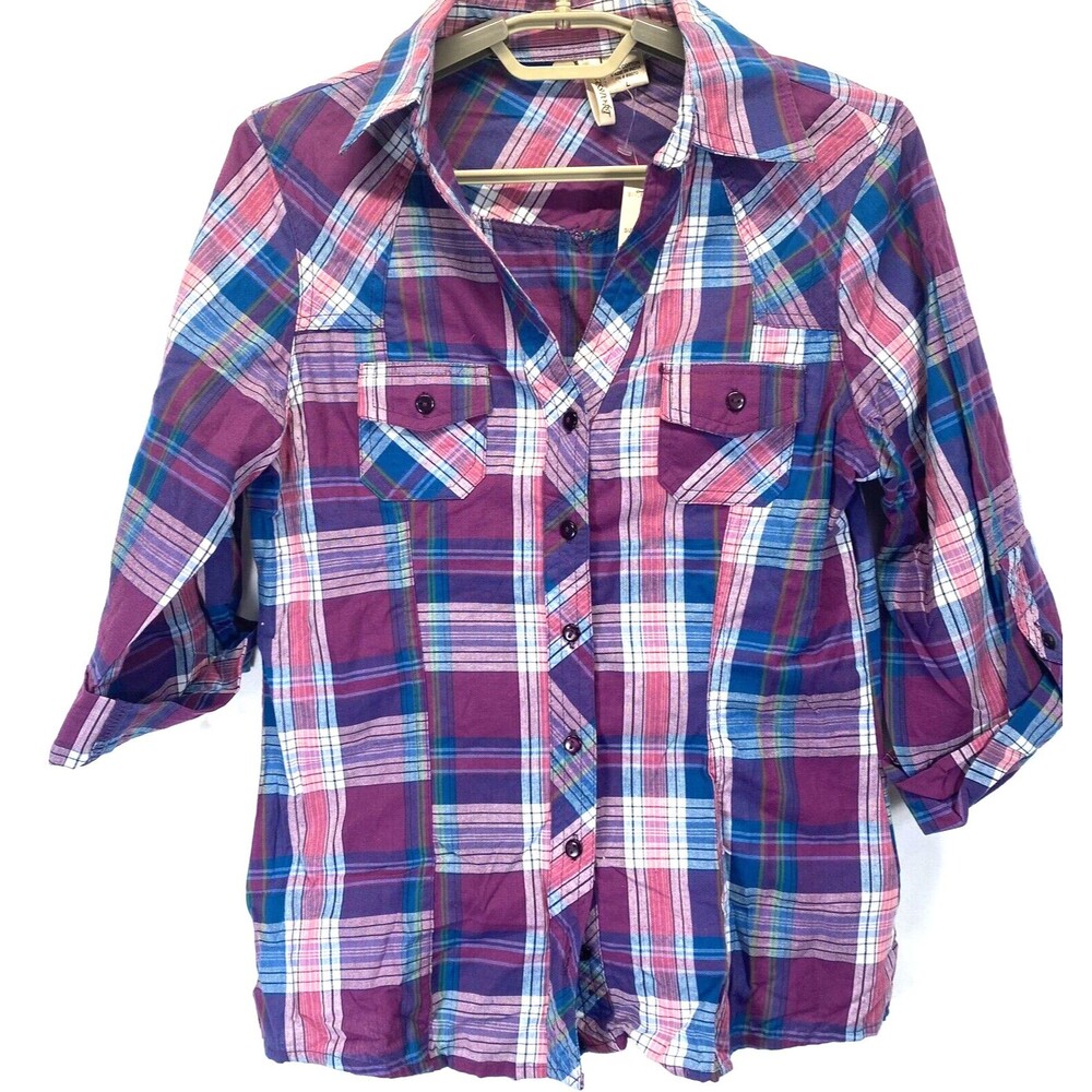 Passport Women L Shirt Cotton Roll Tab Sleeve Collar V-Neck Plaid Button Up NWT